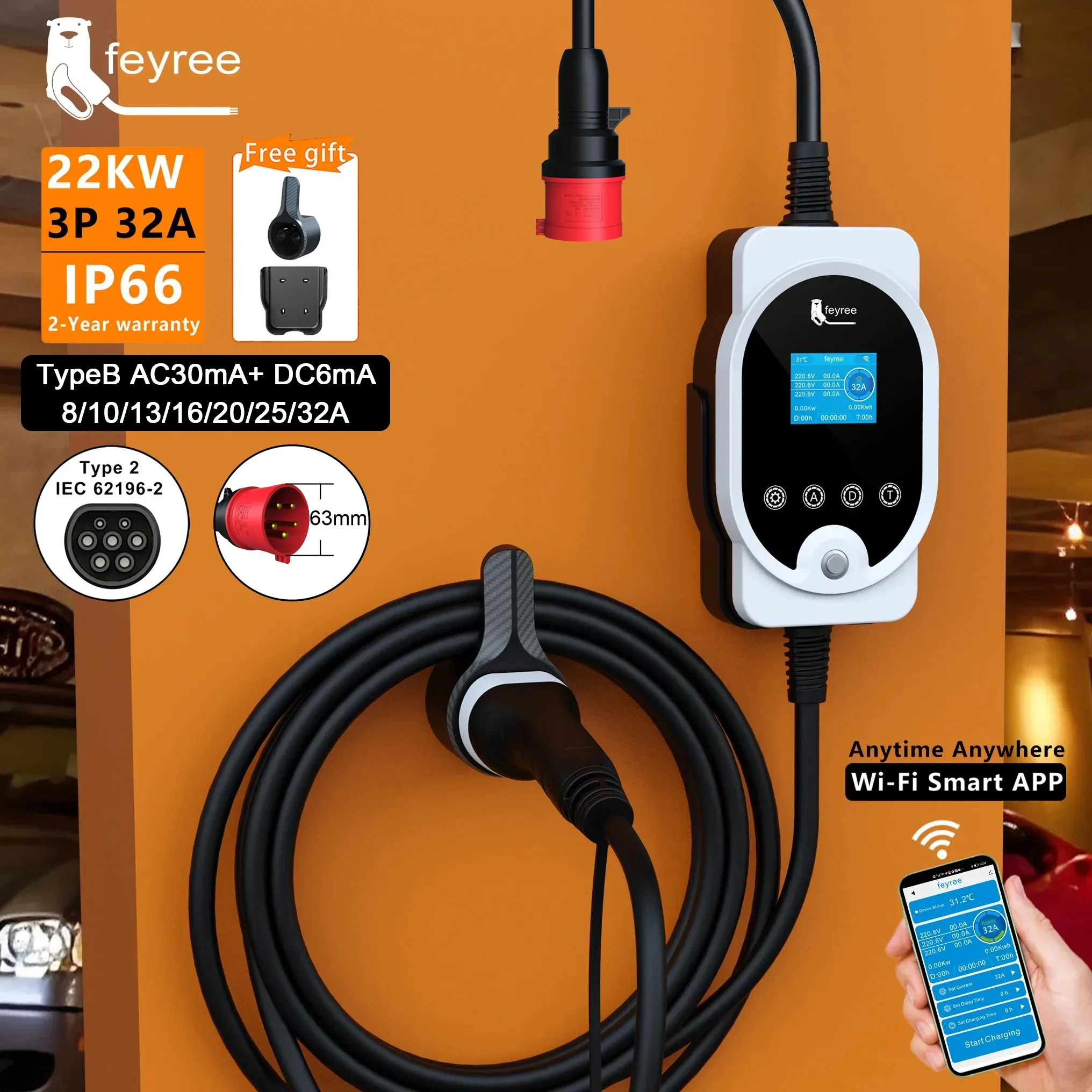 Feyree 22KW Tipe2 Kabel EVSE W - Ev Charger Type 2 22Kw 32A 3 Phase ulasan dan harga